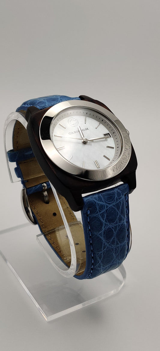 Cabochon Swiss Blue Leather Women's Watch
