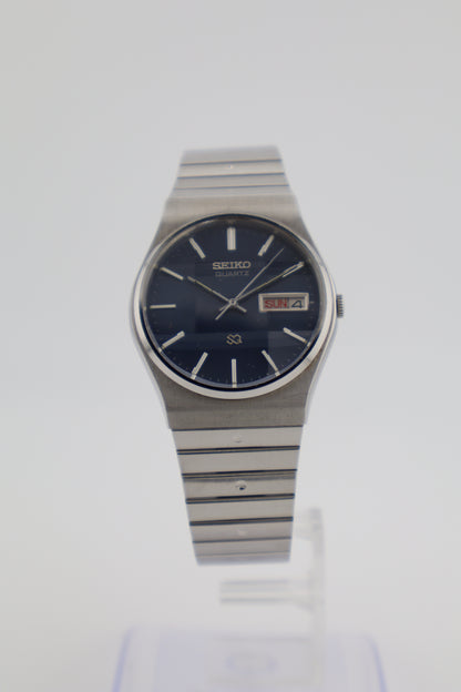 Vintage Seiko SQ 1984 Quartz 6923-7099 Day/Date Blue Dial Hex Crystal Full Set Box Papers Links
