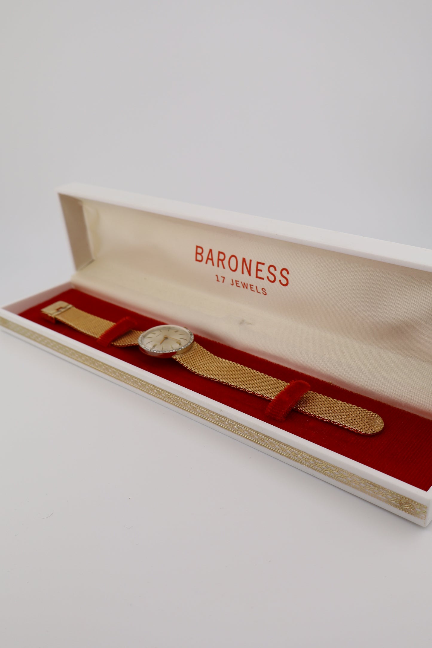 Vintage Baroness 1970's 17J Manual Wind Crystal Bezel Women's Watch - Integrated Bracelet, Box